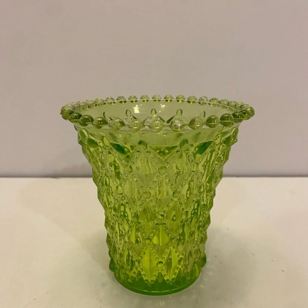 Vintage Art Glass Vase Beaded Diamond Design Pattern Green